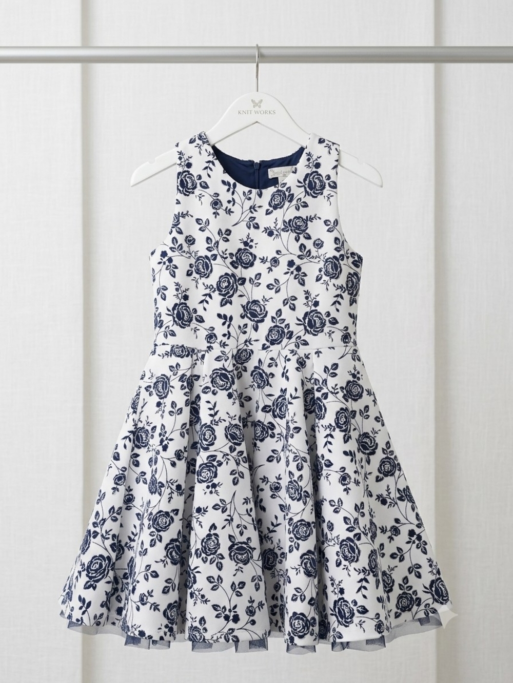 Knit Works Girls Floral Glitter Pleated Party Dress Navy Blue & White Size 12